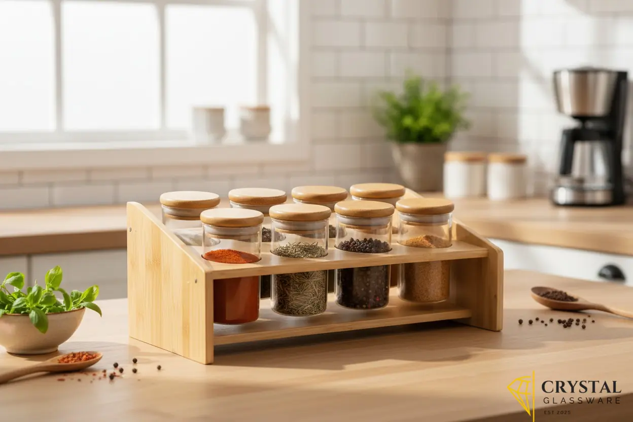 Spice rack set 8 glass jars with matching airtight bamboo lids